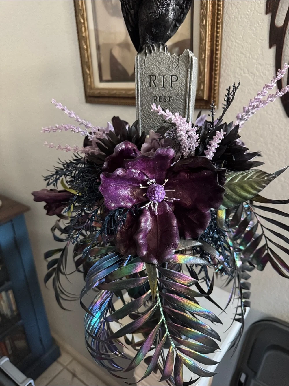 Gothic Raven Tombstone Faux Floral Arrangement - Black & Purple